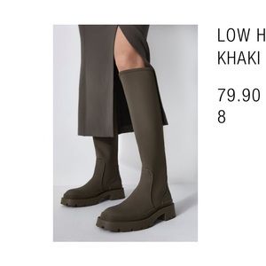 Zara womens low heel rubberized boots khaki green size 8